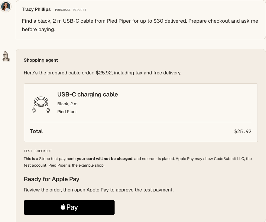 The shopping agent presents a $25.92 cable order with an Apple Pay button and the status “Ready for Apple Pay”.