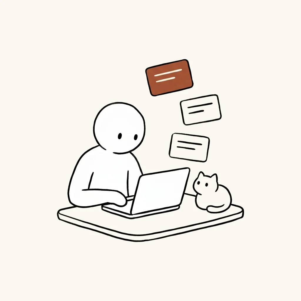 A person looks at a laptop beside a cat on the desk, with three index cards floating above and the top card filled in clay.