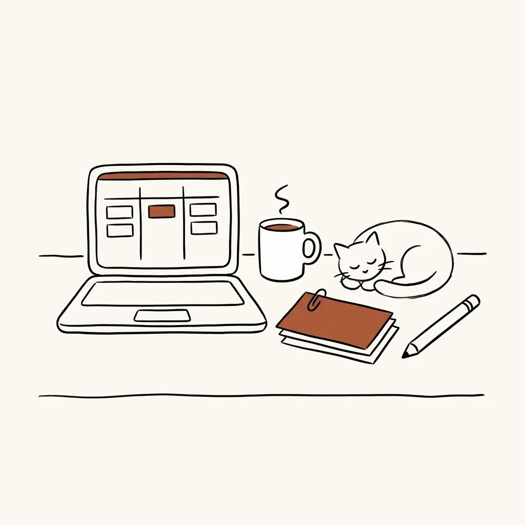 A laptop shows a three-column board with one clay card, alongside a mug, a pencil, a clipped stack of index cards with a clay top card and a sleeping cat.