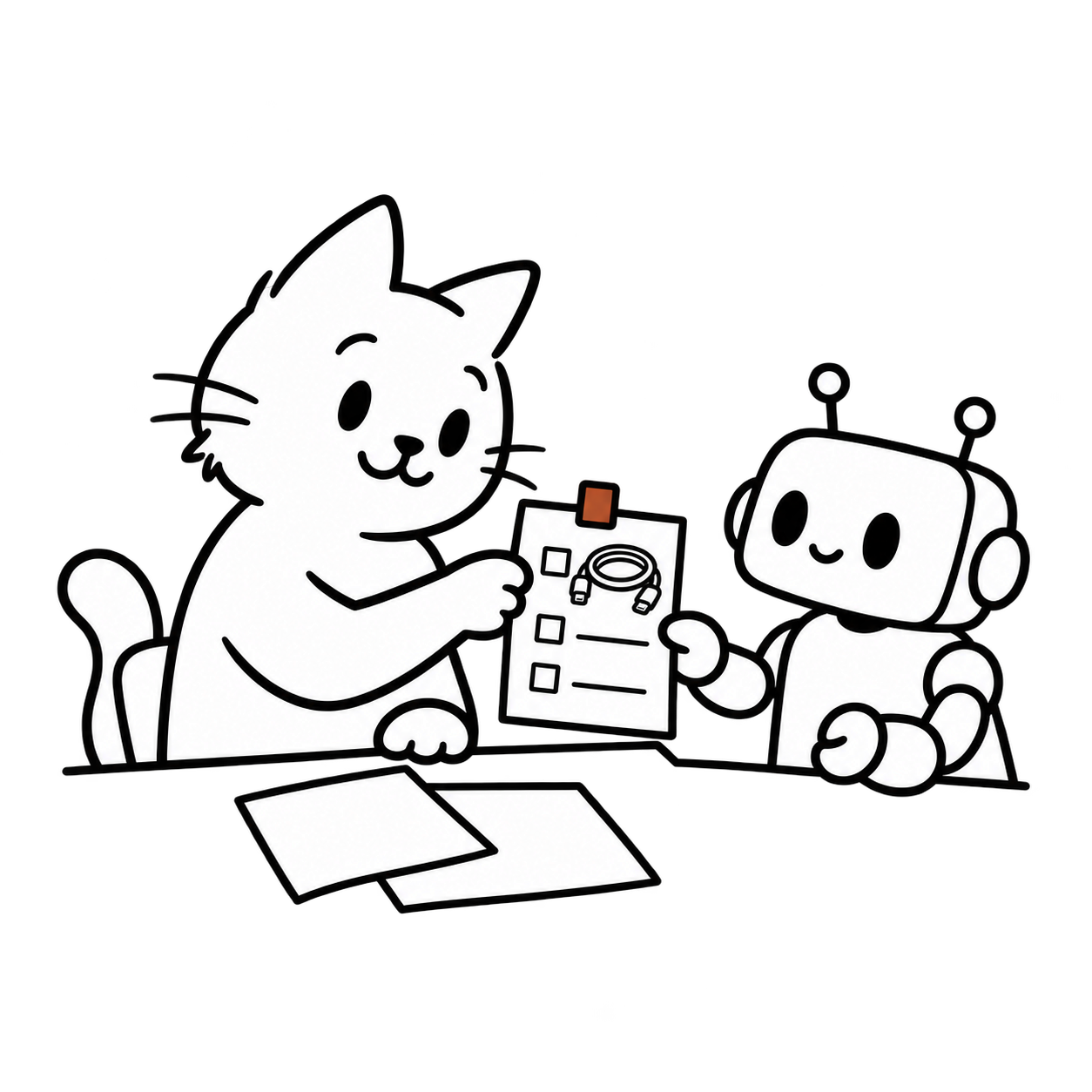 A cat hands a shopping list with checkboxes and a cable sketch to a small robot.